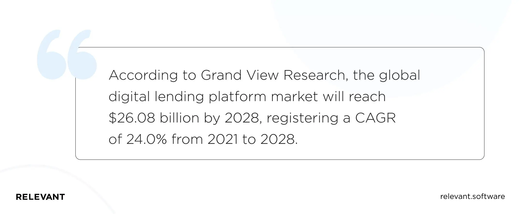 According to Grand View Research, the global digital lending platform market will reach $26.08 billion by 2028, registering a CAGR of 24.0% from 2021 to 2028.