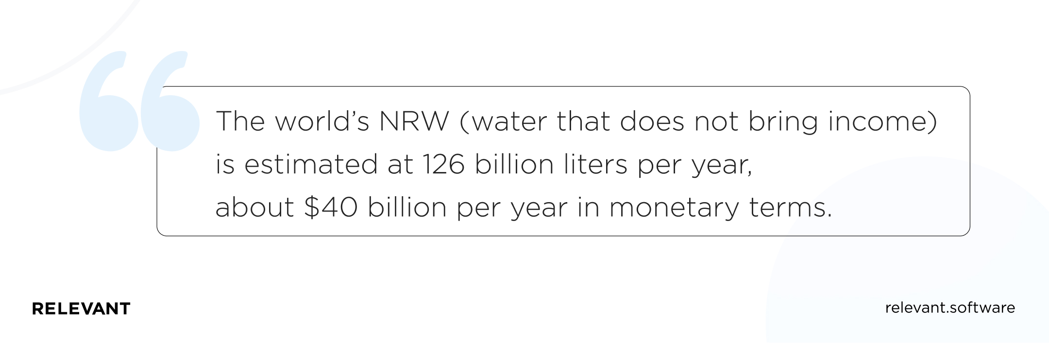 The world’s NRW (water that does not bring income) is estimated at 126 billion liters per year, about  billion per year in monetary terms.