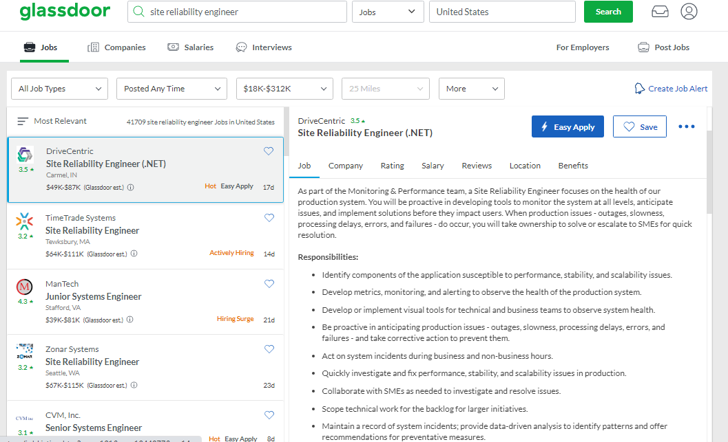 Site Reliability Engineering job description example