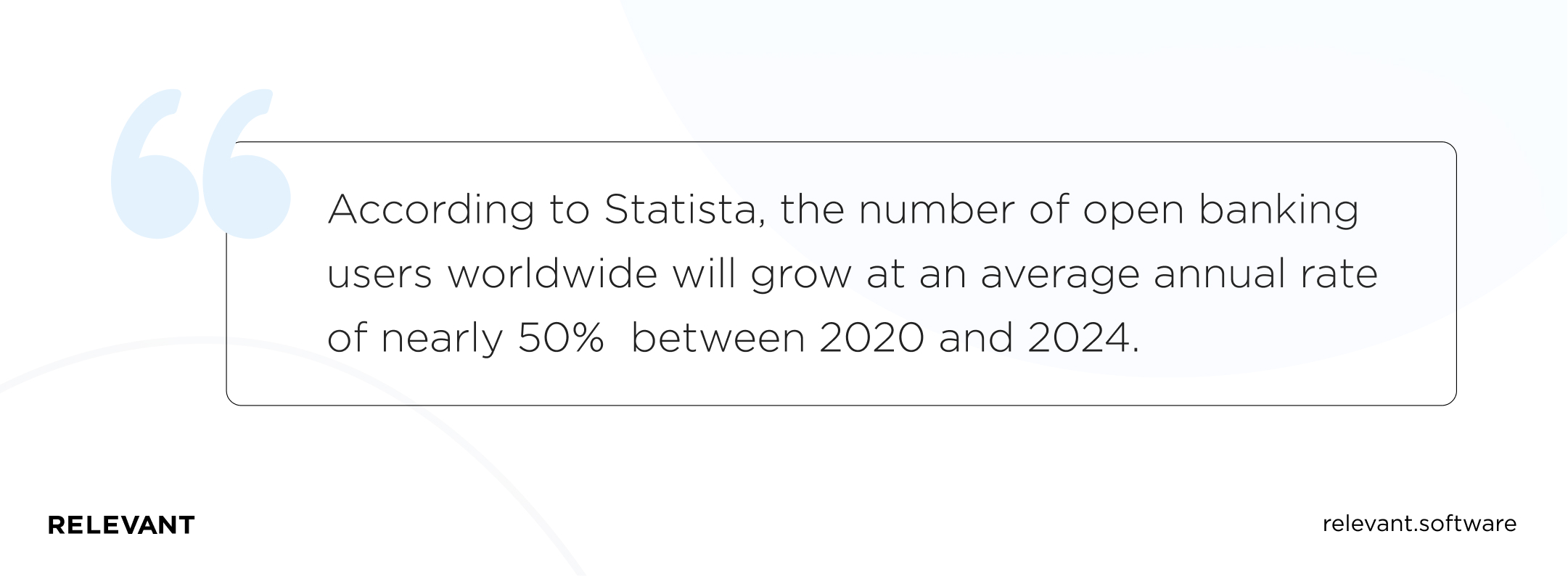 According to Statista, the number of open banking users worldwide will grow at an average annual rate of nearly 50%  between 2020 and 2024.